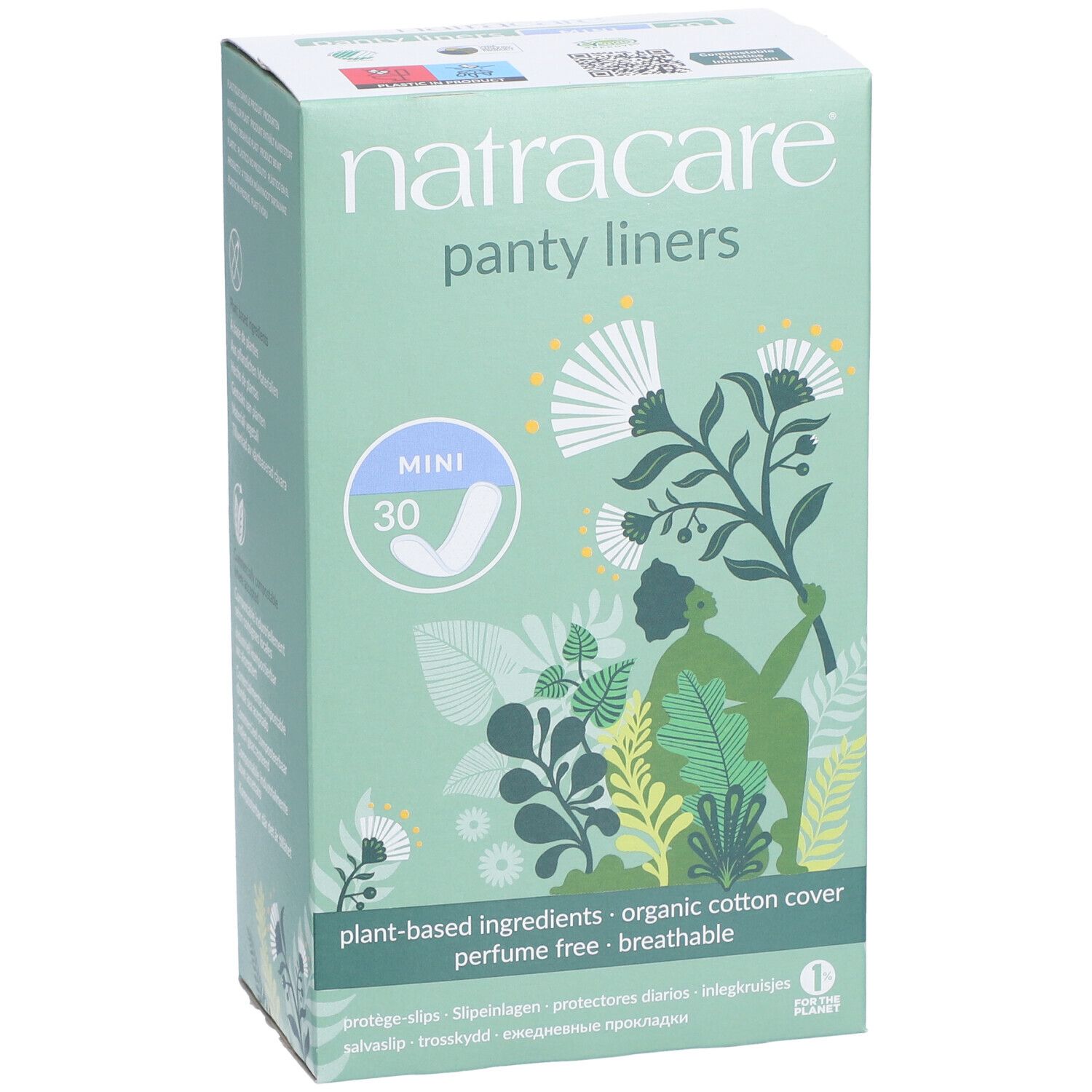 Vorderansicht der Natracare Panty Liners Mini Verpackung. Mintgrüne Schachtel mit Produktnamen und floralen Motiven.