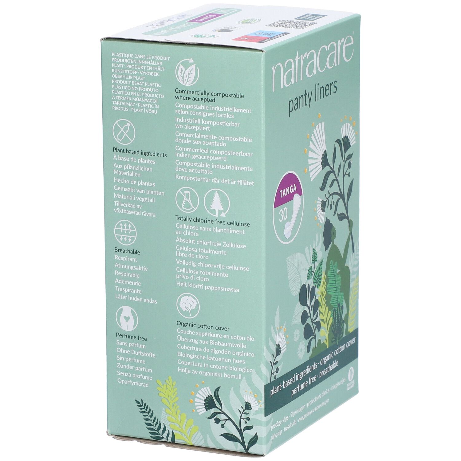 Rückseite der Natracare Slipeinlagen Tanga Verpackung. Text über Inhaltsstoffe, Zertifizierungen und Eigenschaften.