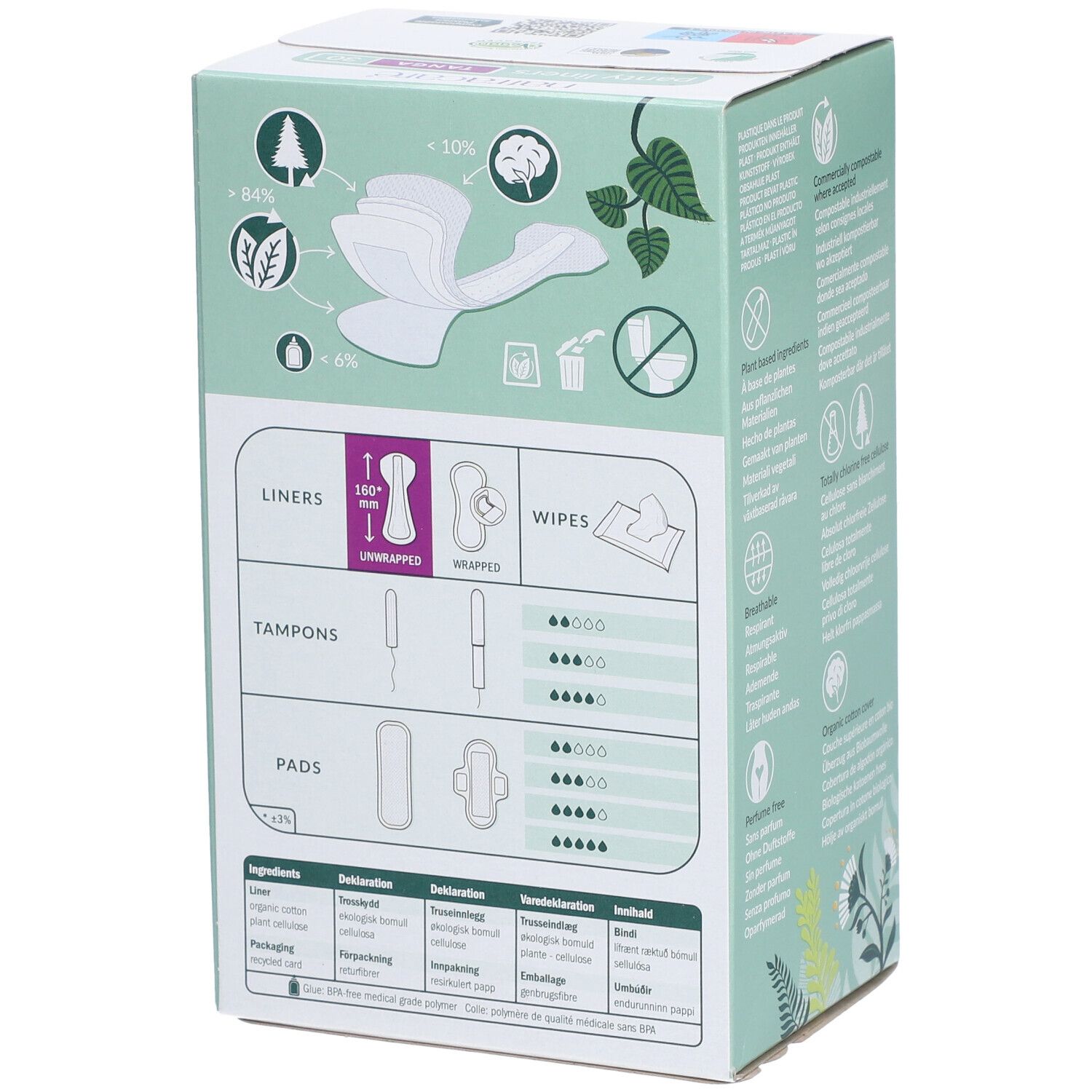 Rückseite der Natracare Slipeinlagen Tanga Verpackung. Grafische Darstellungen von Produkten und Inhaltsstoffen.