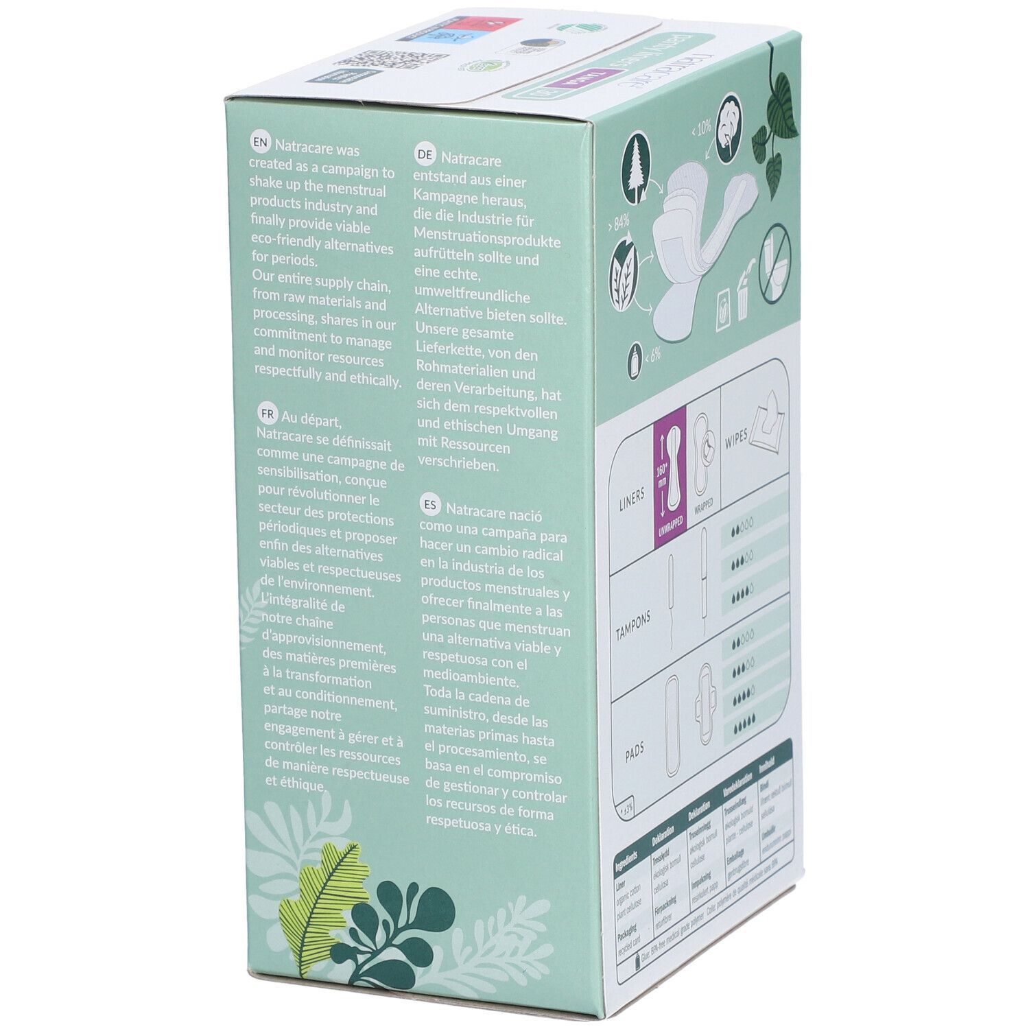 Rückseite der Natracare Slipeinlagen Tanga Verpackung. Text über Nachhaltigkeit und Produktinformationen.