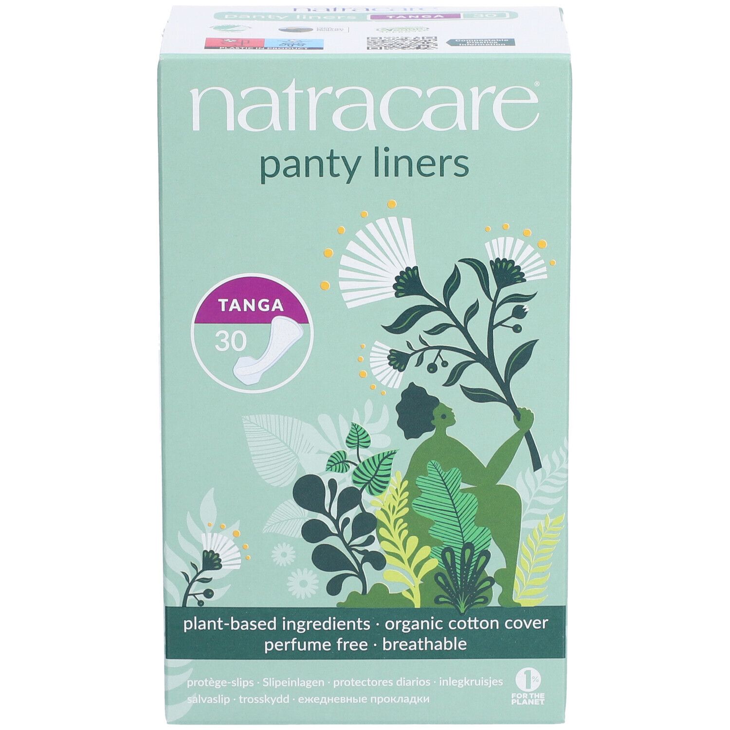 Vorderseite der Natracare Slipeinlagen Tanga Verpackung. Mintgrüne Schachtel mit Produktinformationen und Logo.