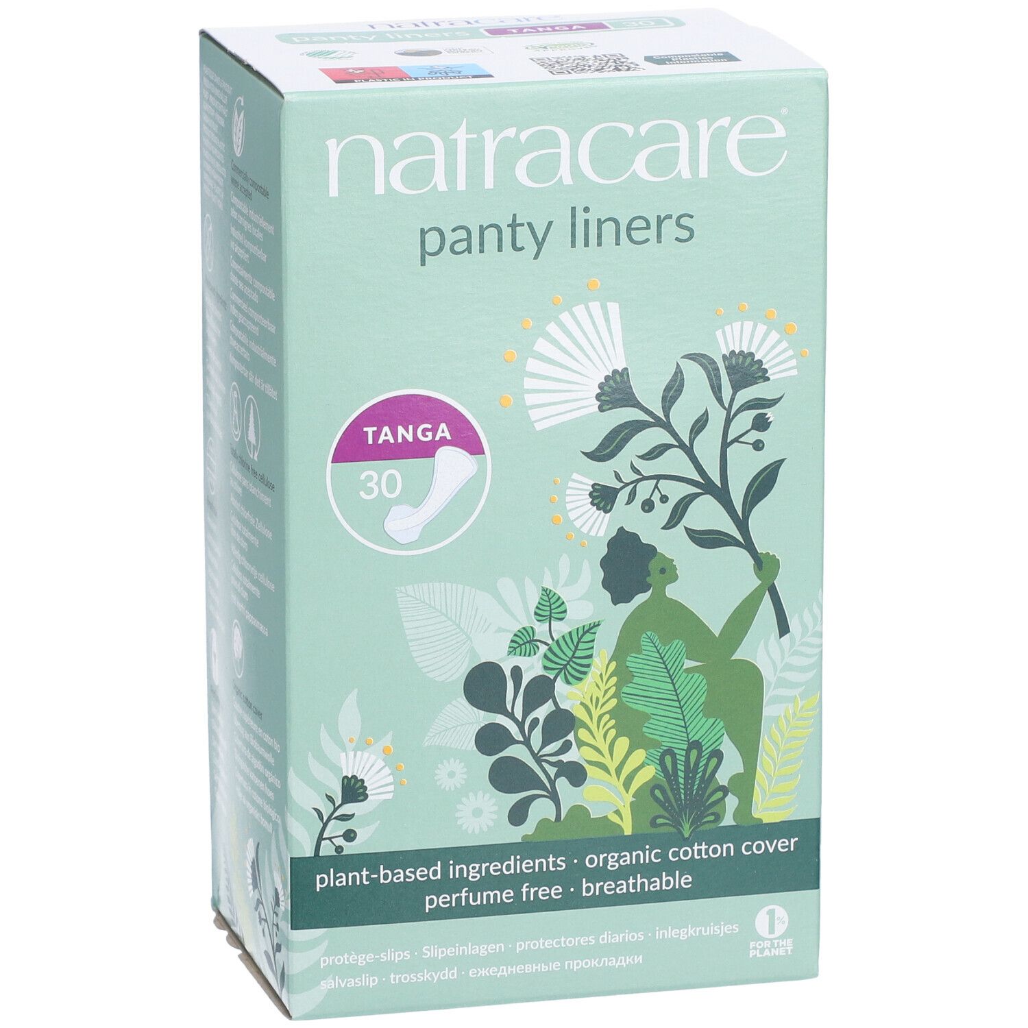 Vorderseite der Natracare Slipeinlagen Tanga Verpackung. Mintgrüne Schachtel mit Produktinformationen und Logo.