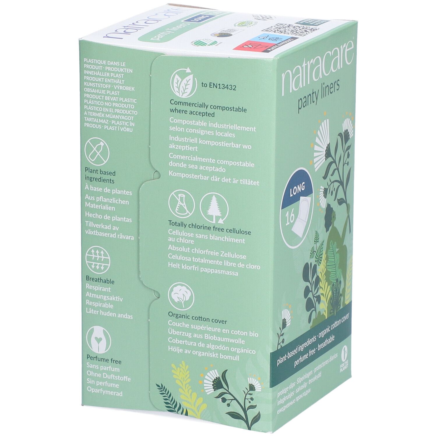 Seite der Verpackung mit Informationen zu Inhaltsstoffen, Zertifizierungen und Eigenschaften. "Totally chlorine free cellulose" ist sichtbar.