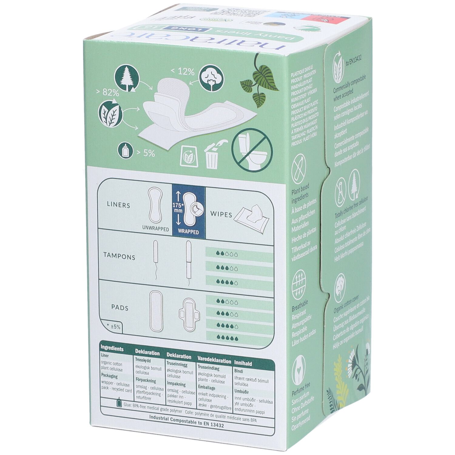 Rückseite der Verpackung mit Informationen zu Inhaltsstoffen und Deklarationen. Illustrationen von Slipeinlagen, Tampons und Binden.