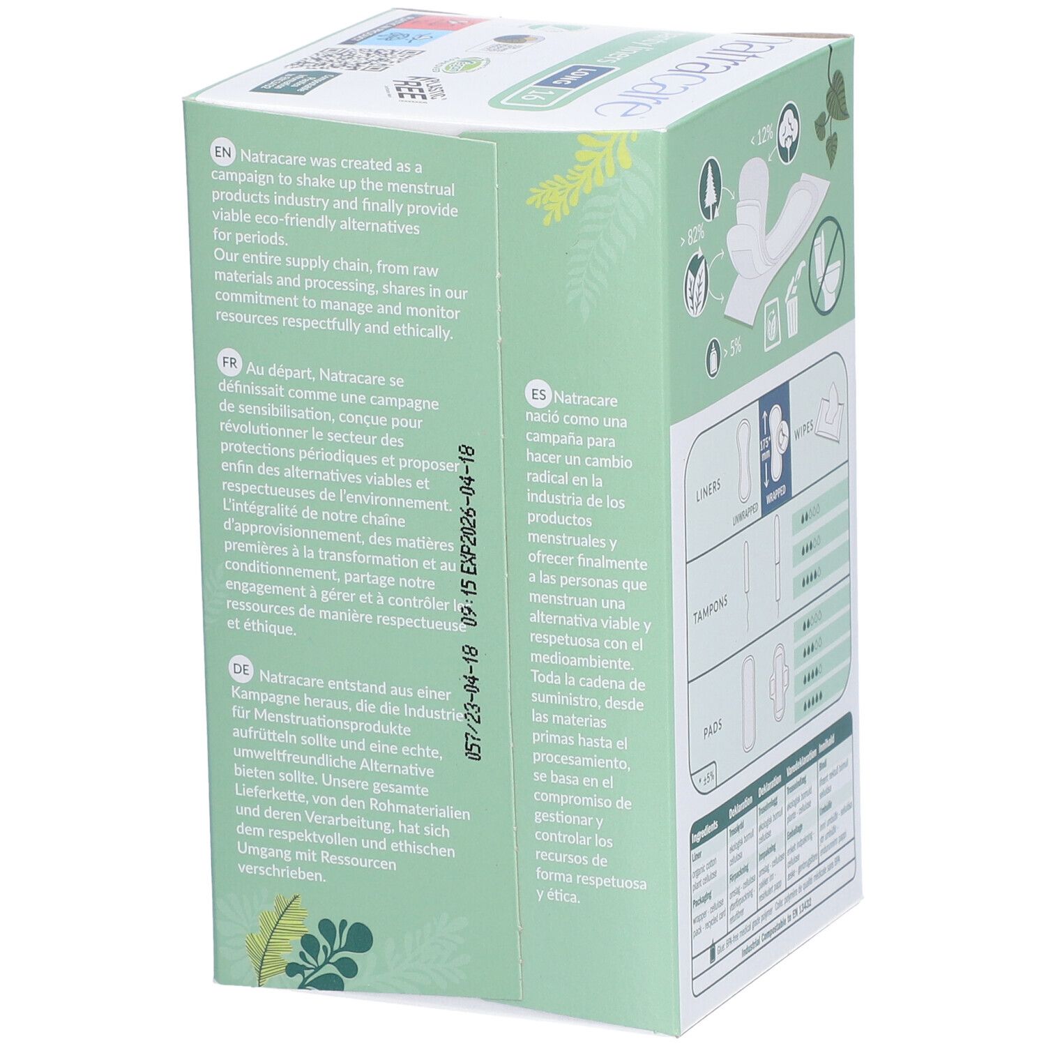 Seite der Verpackung mit Text über Natracare und deren Engagement für nachhaltige Produkte. Text in Englisch und Deutsch.