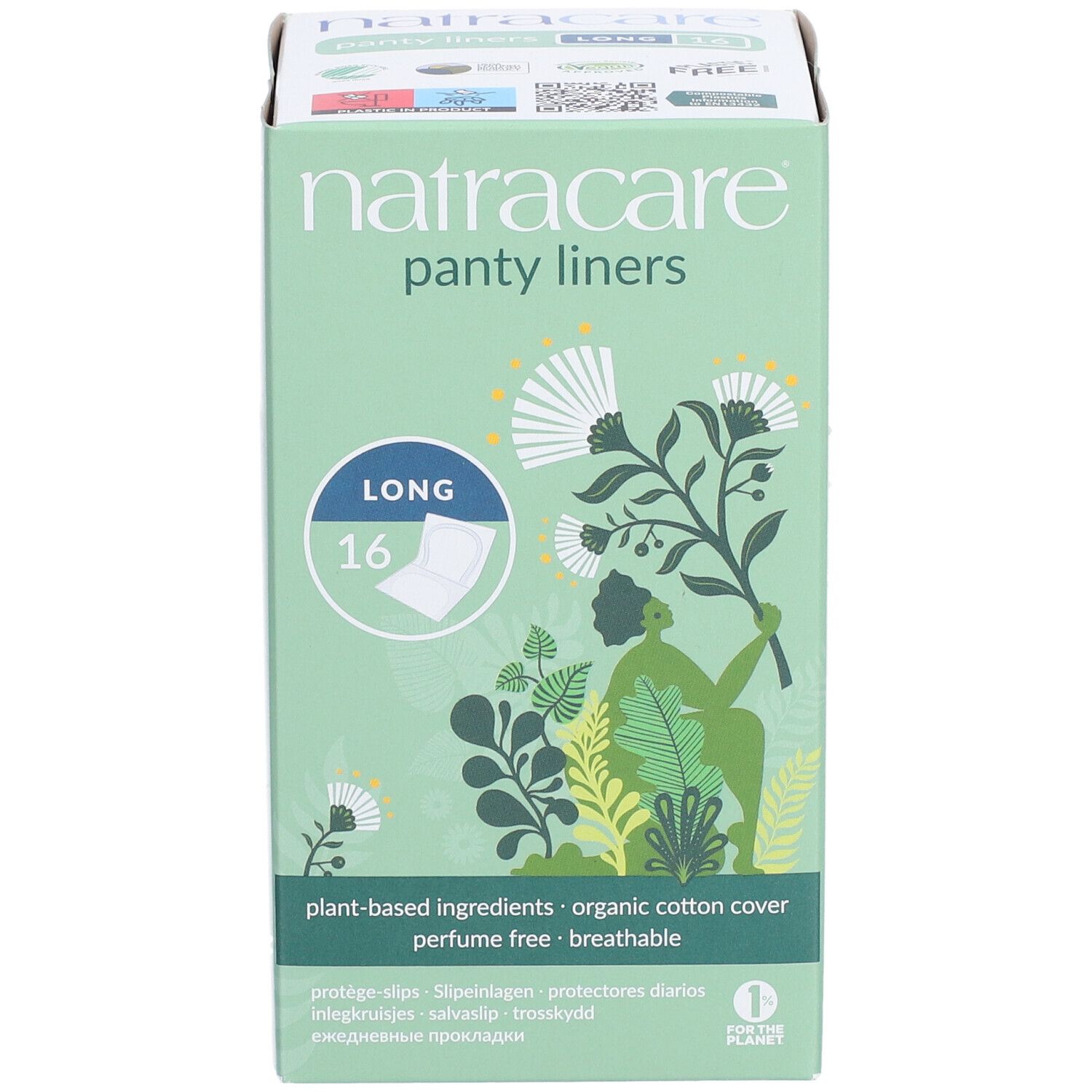 Grüne Kartonverpackung mit "Natracare" und "panty liners" Schriftzug. "Long" und "16" sind auf der Verpackung zu sehen.