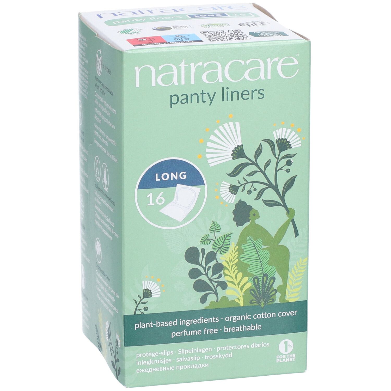Grüne Kartonverpackung mit "Natracare" und "panty liners" Schriftzug. "Long" und "16" sind auf der Verpackung zu sehen.