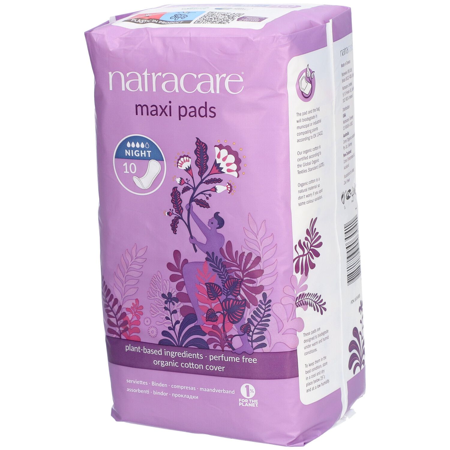 Paquet de serviettes Natracare Maxi Night, 10 unités. Emballage violet avec nom du produit, illustration et informations sur les ingrédients.