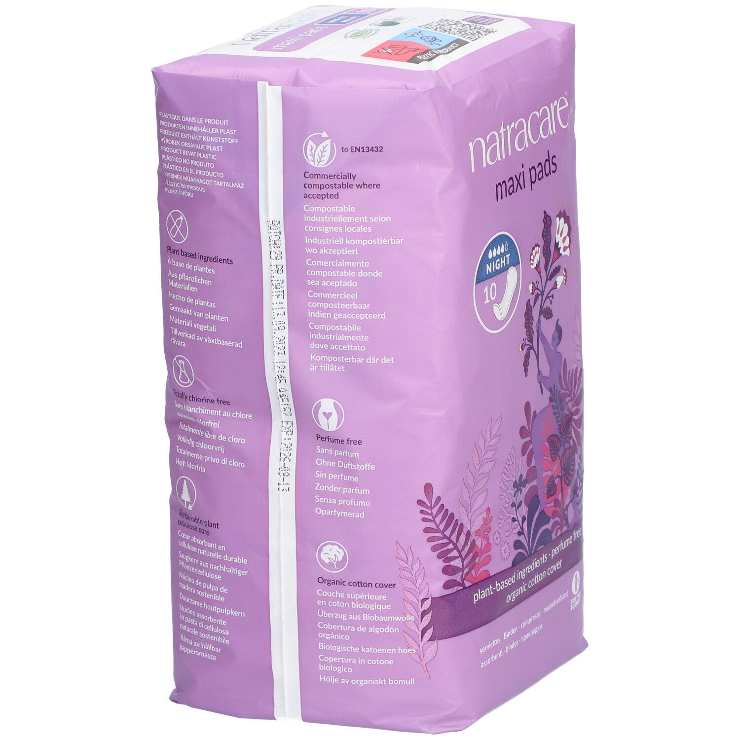 Dos du paquet de serviettes Natracare Maxi. Emballage violet avec informations sur le produit, ingrédients et certifications.