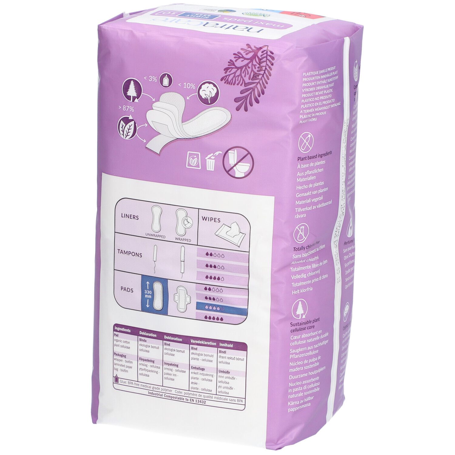 Dos du paquet de serviettes Natracare Maxi. Emballage violet avec informations sur le produit, ingrédients et certifications.