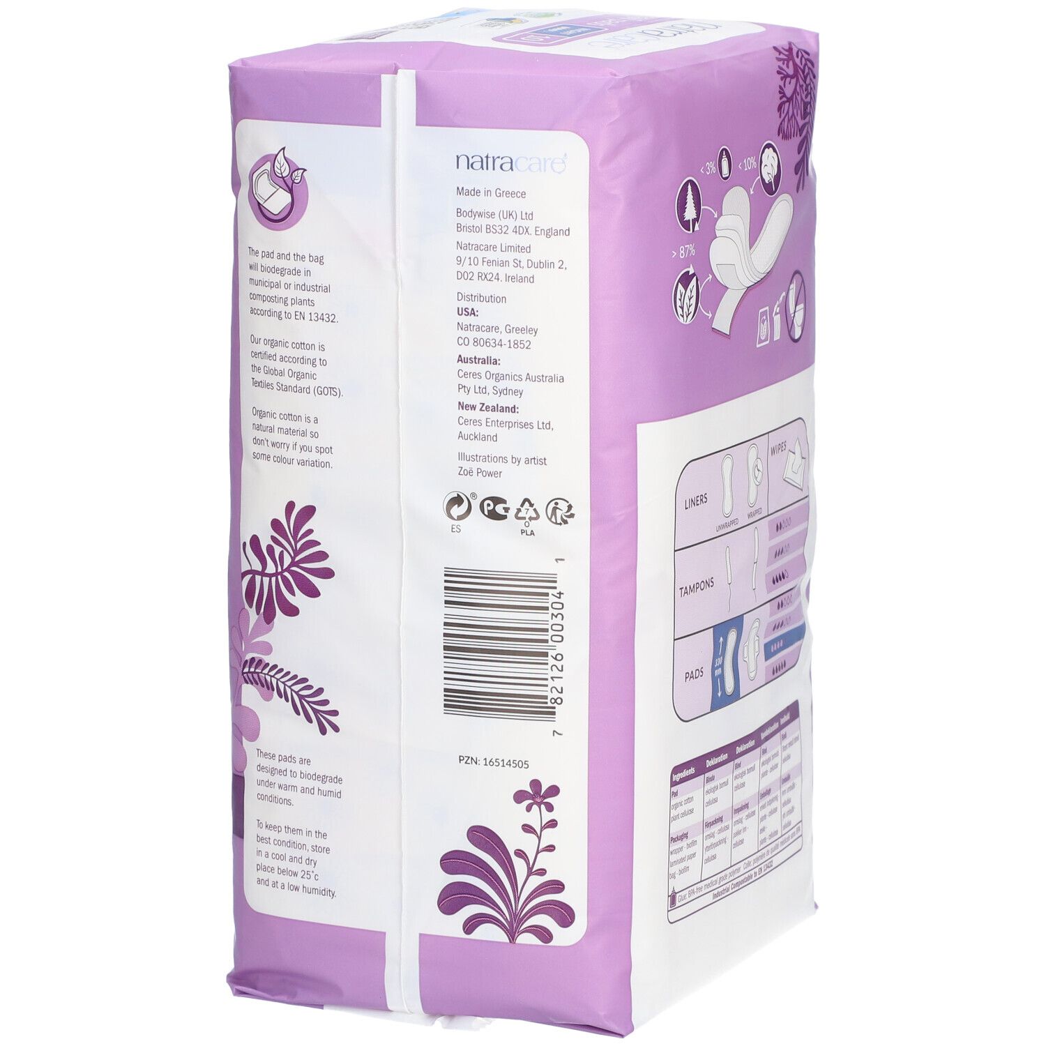Dos du paquet de serviettes Natracare Maxi. Emballage violet avec informations sur le produit, ingrédients et certifications.