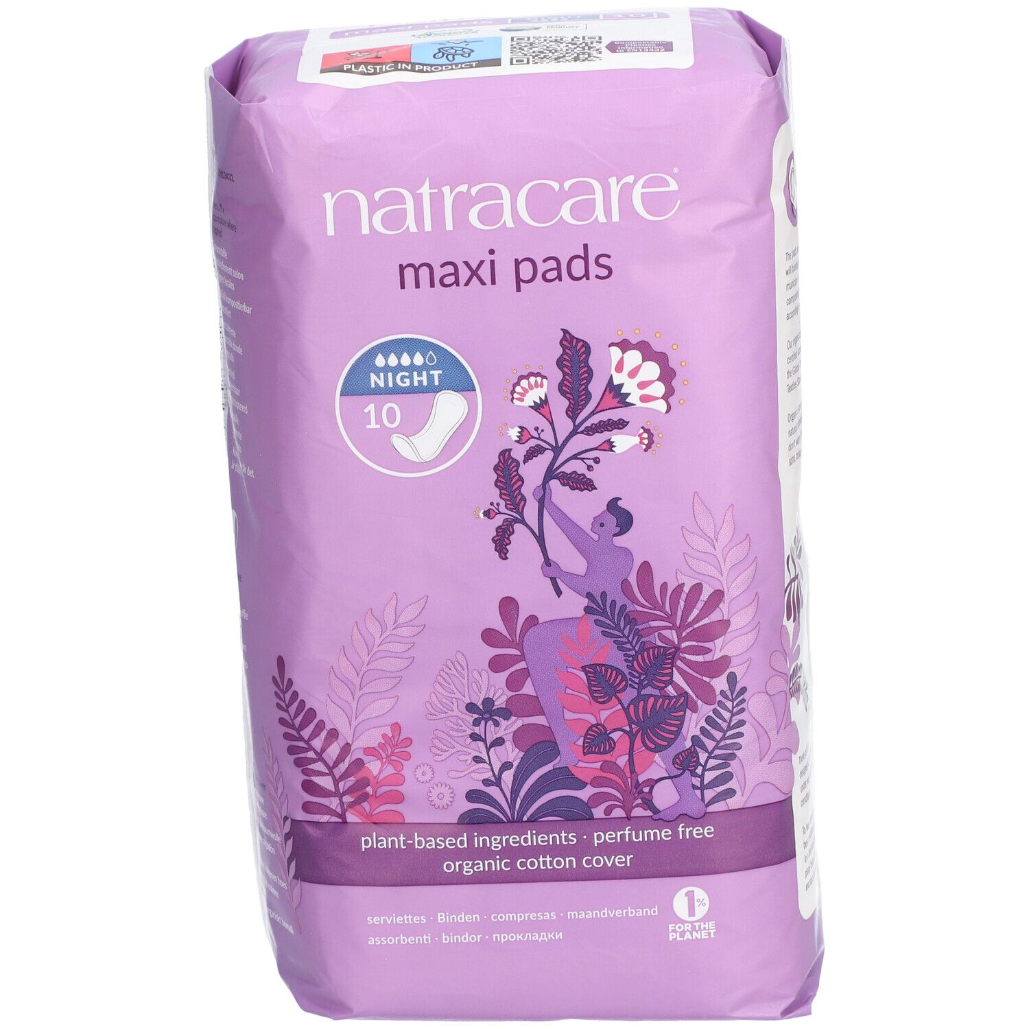 Face avant du paquet de serviettes Natracare Maxi. Emballage violet avec nom du produit, illustration et informations.