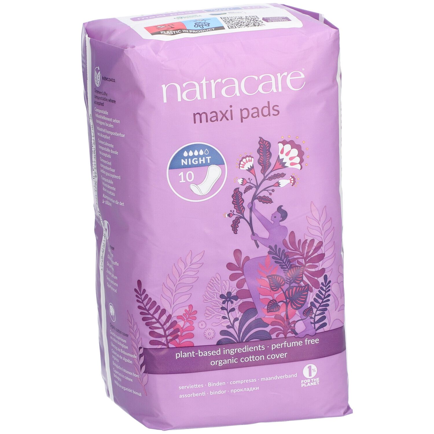 Face avant du paquet de serviettes Natracare Maxi. Emballage violet avec nom du produit, illustration et informations.