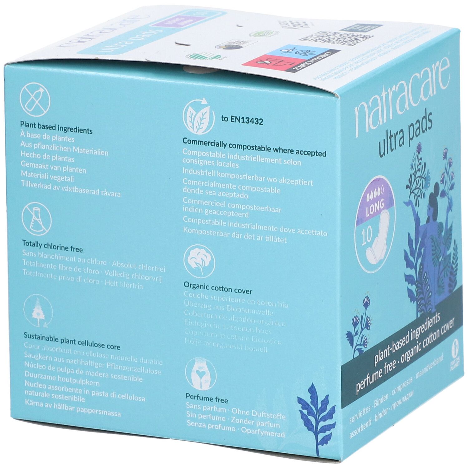 Rückseite der Natracare Ultra Pads Schachtel. Text über Inhaltsstoffe, Kompostierbarkeit, Baumwollbezug und weitere Informationen.