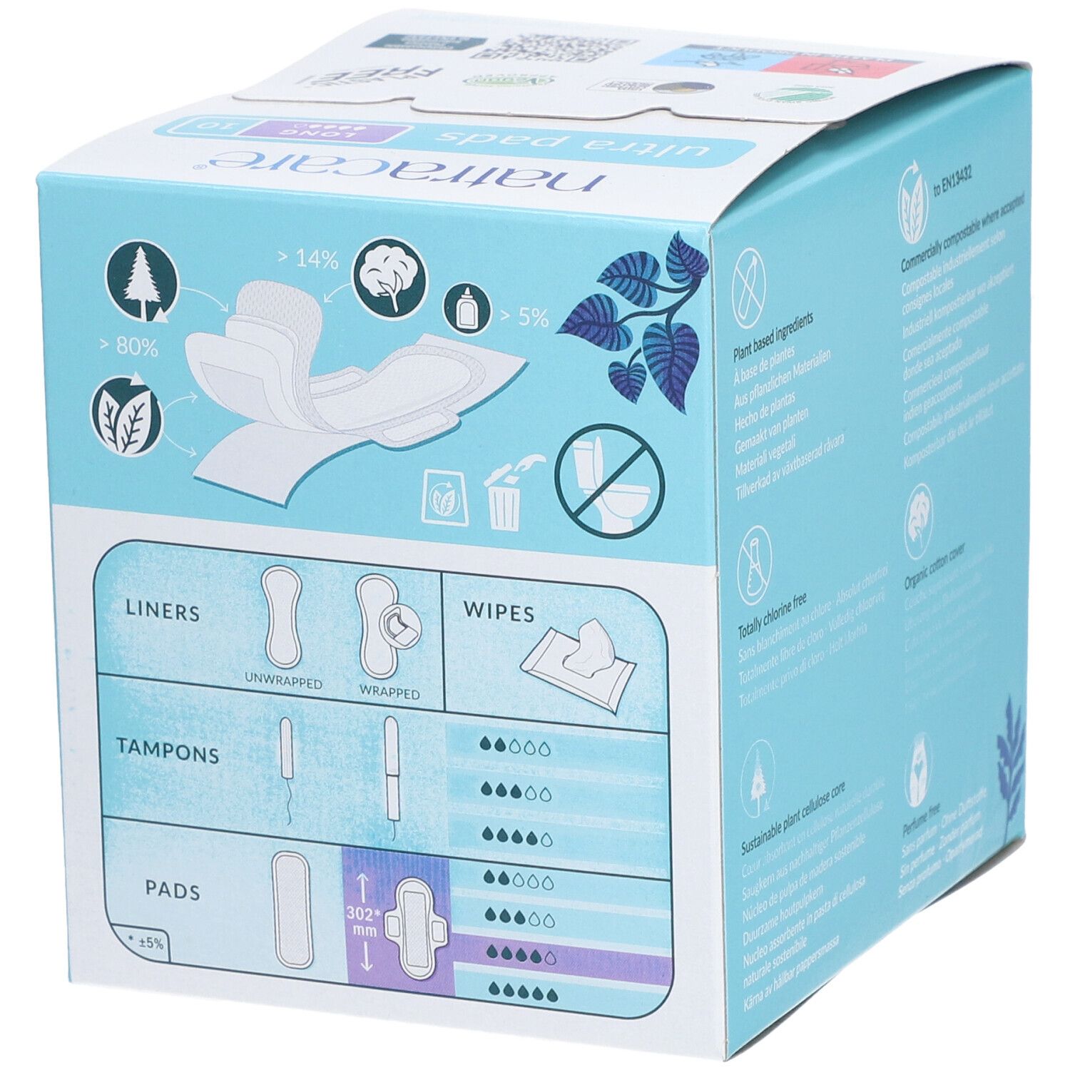 Seite der Natracare Ultra Pads Schachtel. Diagramme zeigen verschiedene Produkte: Slipeinlagen, Tampons und Binden. Informationen zu Materialien.