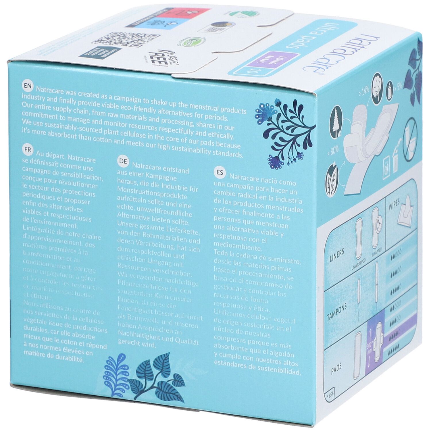 Rückseite der Natracare Ultra Pads Schachtel. Text über die Marke und ihre Werte. Illustrationen von Produkten und Inhaltsstoffen.