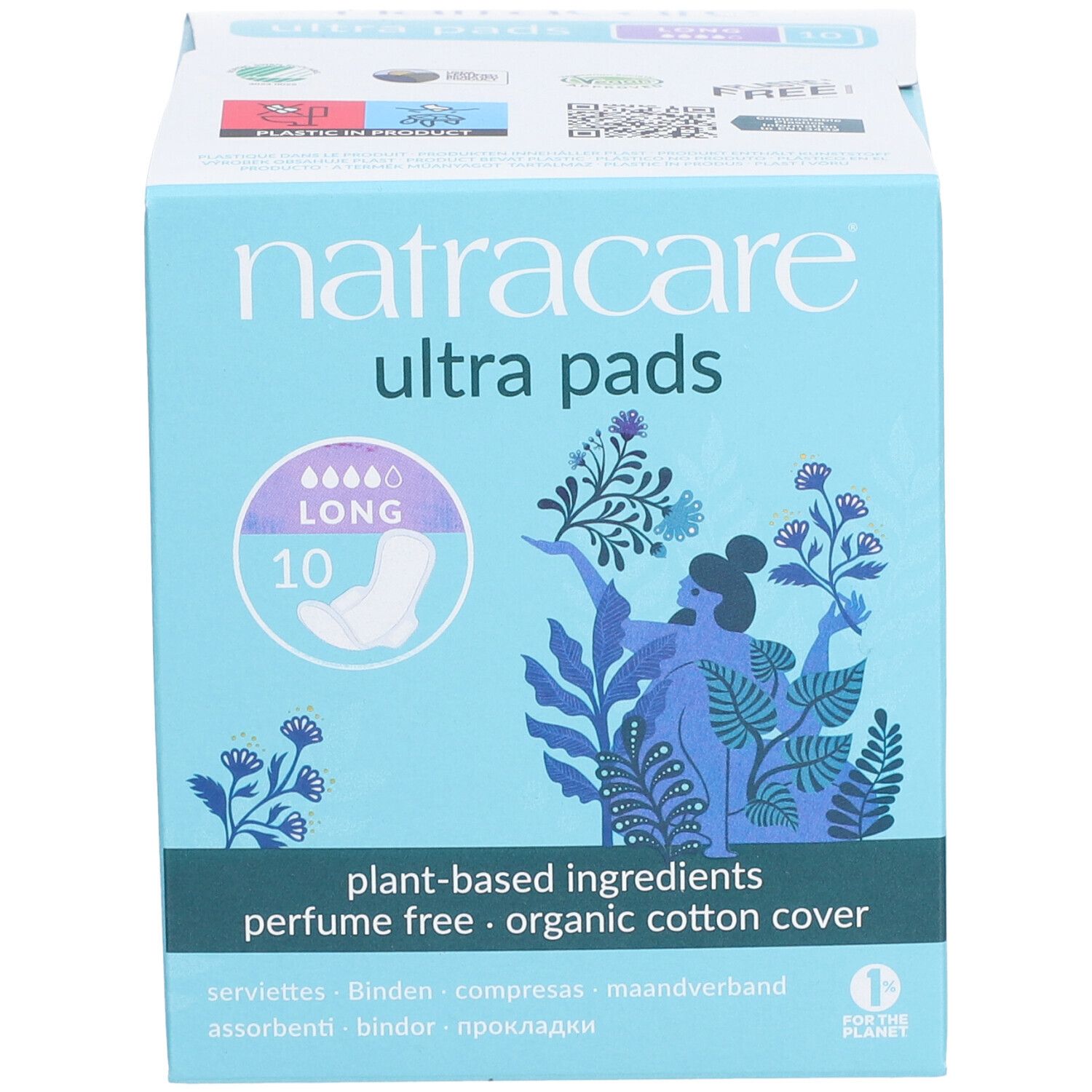 Vorderseite der Natracare Ultra Pads Schachtel. Blaue Verpackung mit Produktnamen, 'Long' und '10'. Illustrationen und Produktinformationen.