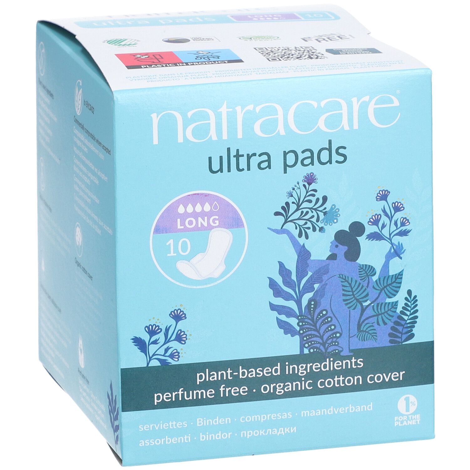 Schachtel Natracare Ultra Pads. Blaue Verpackung mit Produktnamen, 'Long' und '10'. Illustrationen und Produktinformationen.