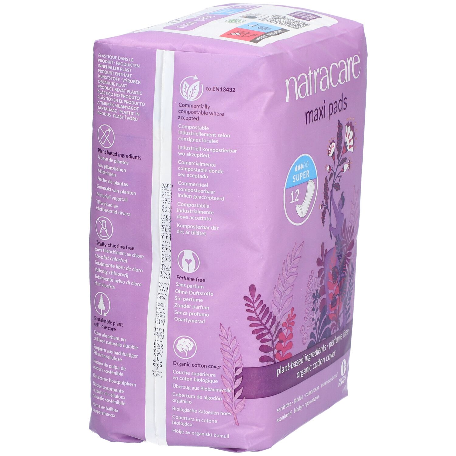 Dos du paquet de serviettes Natracare Maxi Pads. Informations sur les ingrédients, les certifications et les caractéristiques du produit. Texte multilingue.
