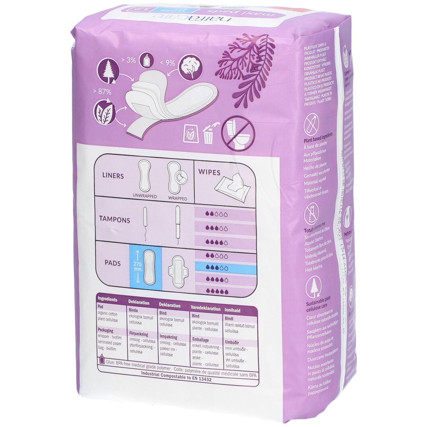 Dos du paquet de serviettes Natracare Maxi Pads. Diagrammes et symboles illustrant différents types de produits d'hygiène. Texte multilingue.