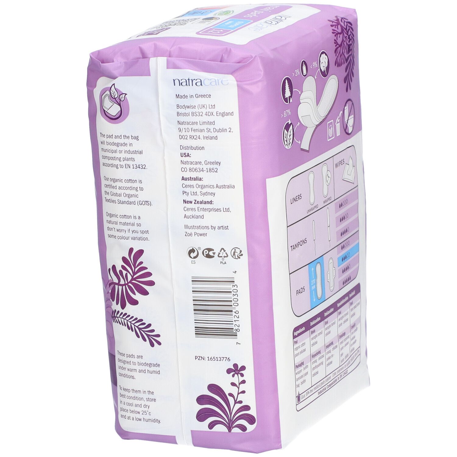 Côté du paquet de serviettes Natracare Maxi Pads. Informations sur le fabricant, la distribution et les ingrédients. Texte multilingue.
