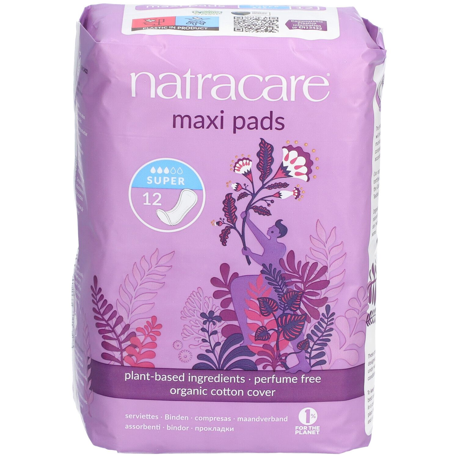 Face avant du paquet de serviettes Natracare Maxi Pads. Emballage violet avec nom du produit, motifs floraux et caractéristiques. 12 unités.