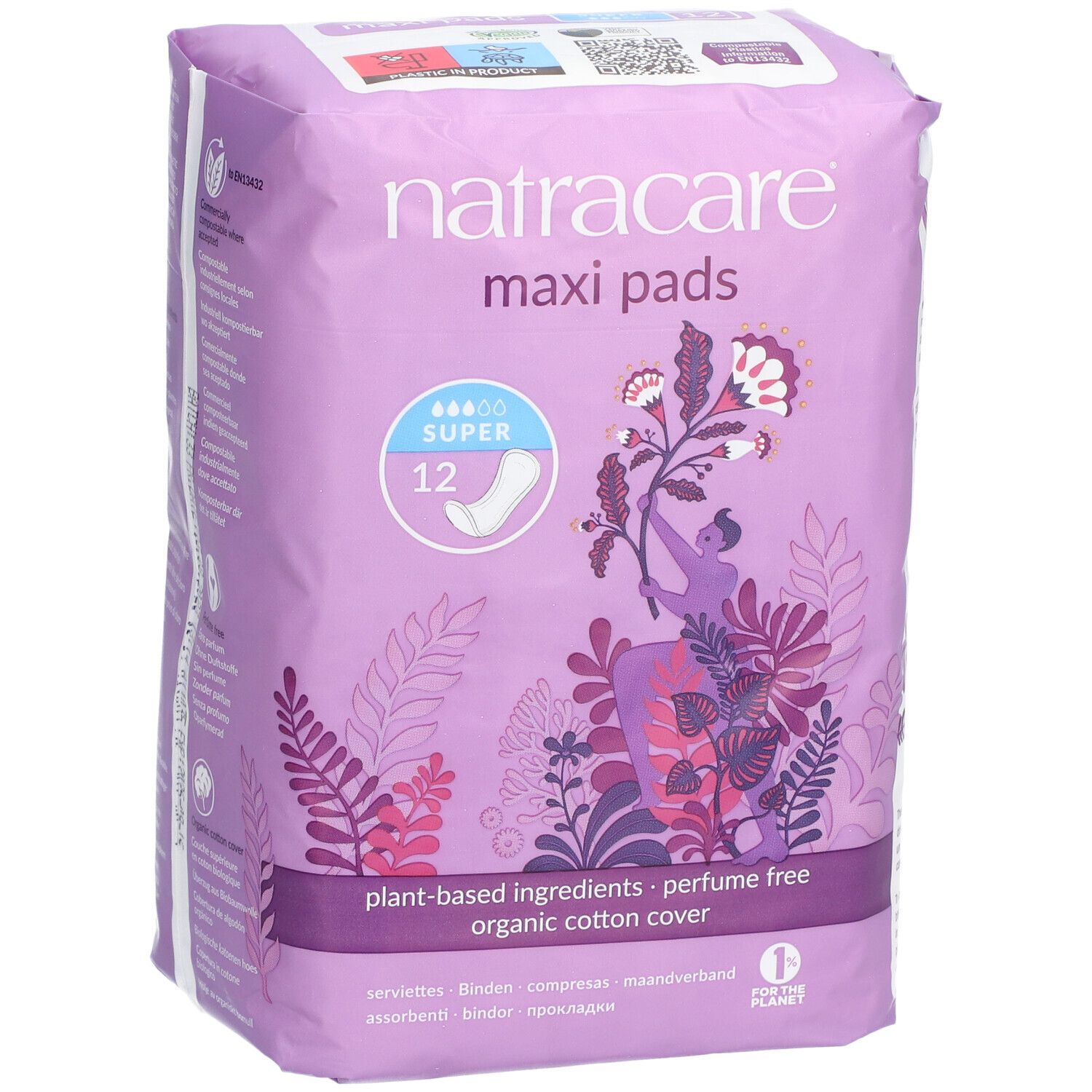 Face avant du paquet de serviettes Natracare Maxi Pads. Emballage violet avec nom du produit, motifs floraux et caractéristiques. 12 unités.