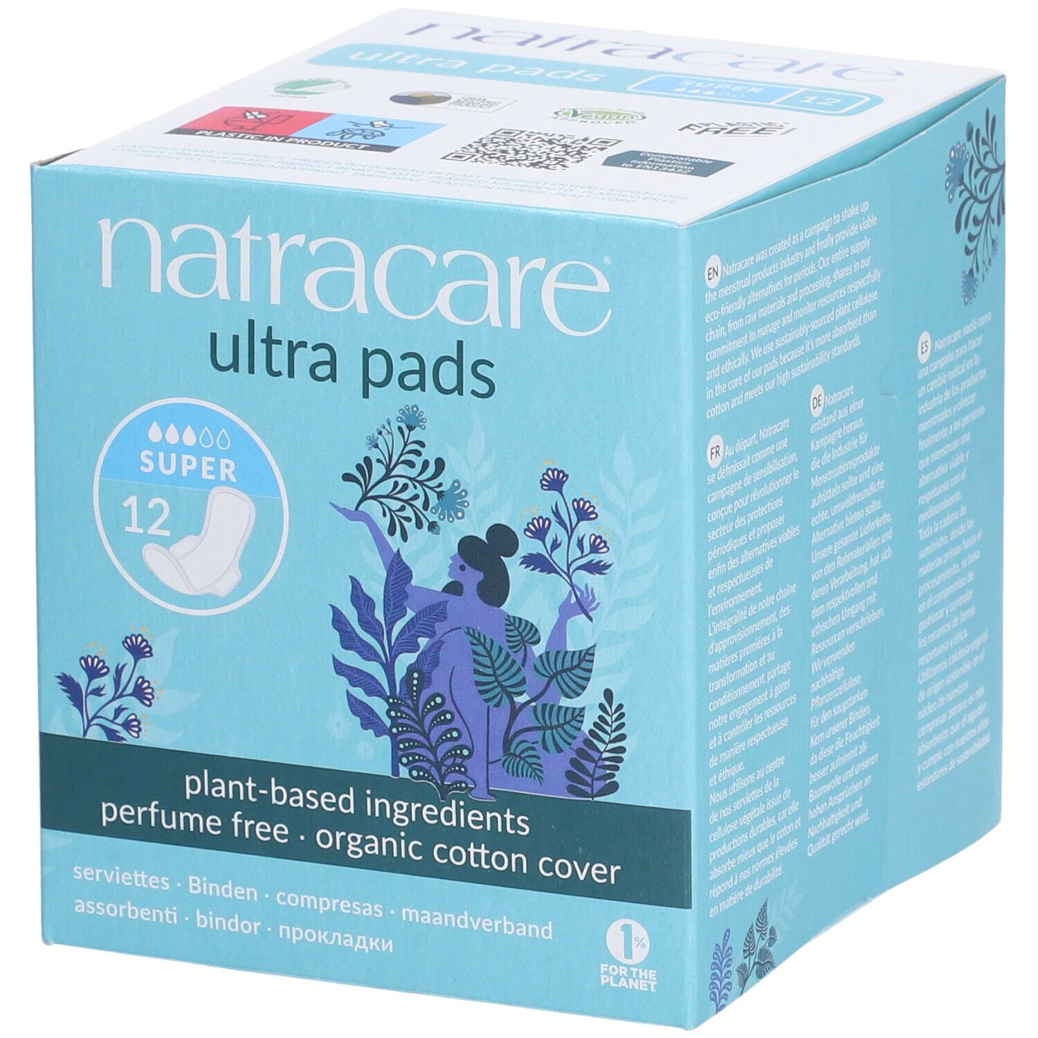 Boîte de Natracare Ultra Pads Super. 12 unités. Ingrédients végétaux, sans parfum, revêtement en coton bio.