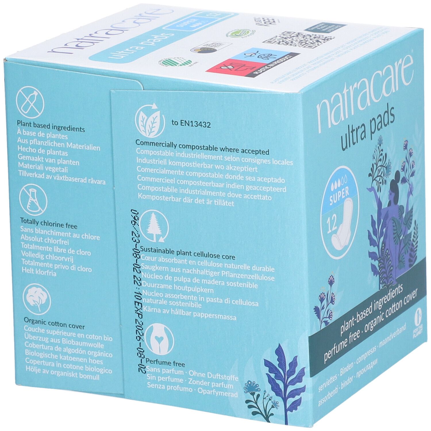 Boîte Natracare Ultra Pads. Texte: compostable, cellulose végétale durable, sans chlore, coton bio, sans parfum.