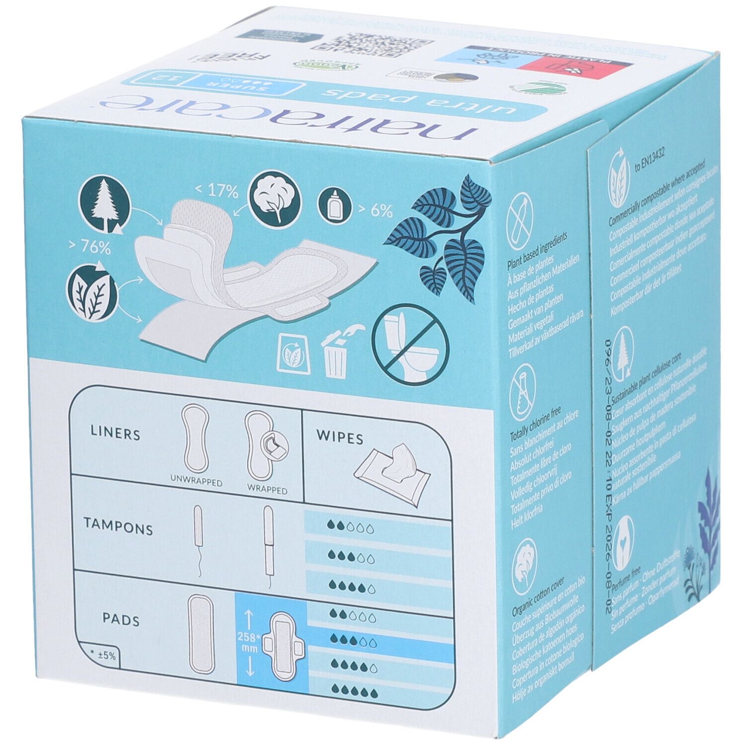 Boîte Natracare Ultra Pads. Illustrations: serviettes, tampons, protège-slips et lingettes. Texte: >76% végétal, <17% bois, >6% papier.
