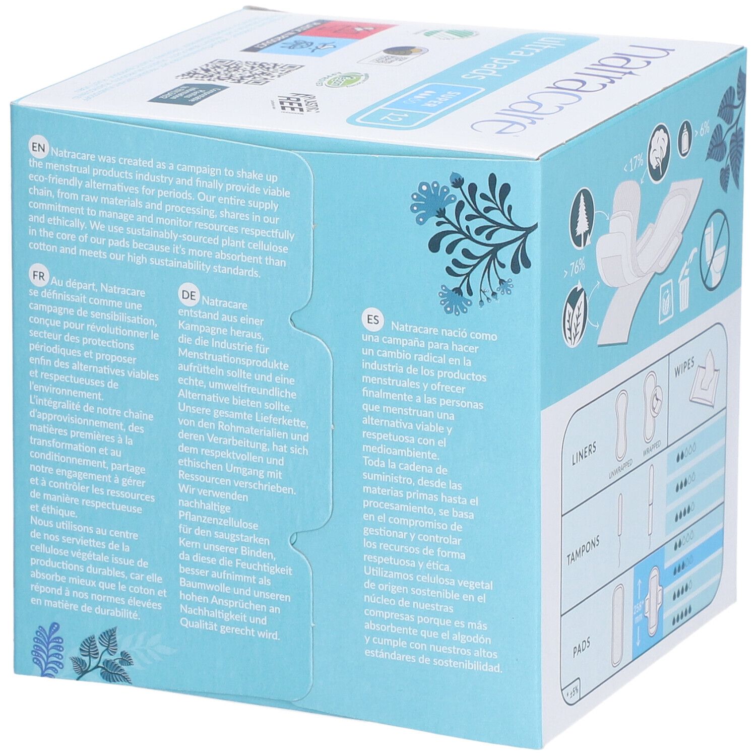 Boîte Natracare Ultra Pads. Texte: production durable, ingrédients végétaux, coton, sans chlore, sans parfum.