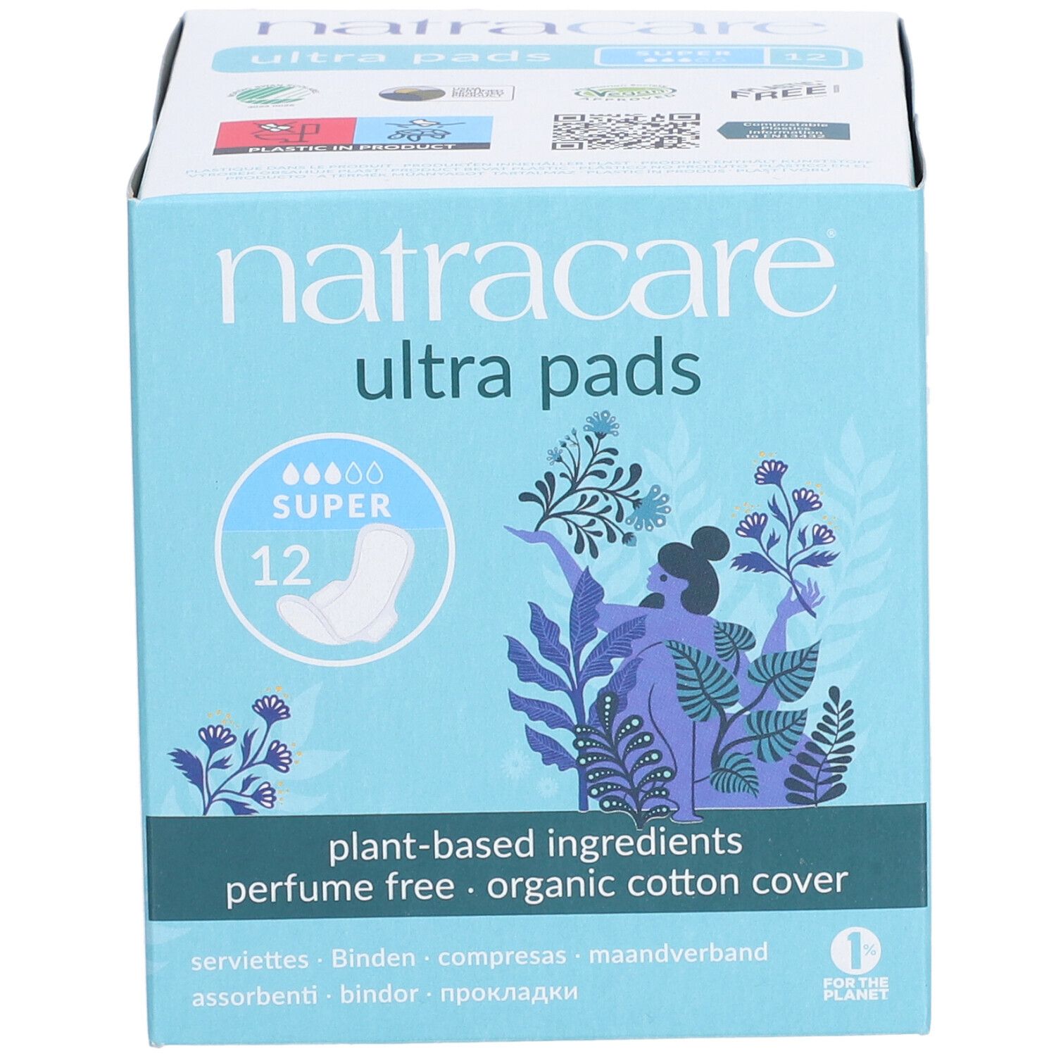 Boîte Natracare Ultra Pads Super. 12 unités. Ingrédients végétaux, sans parfum, revêtement en coton bio.