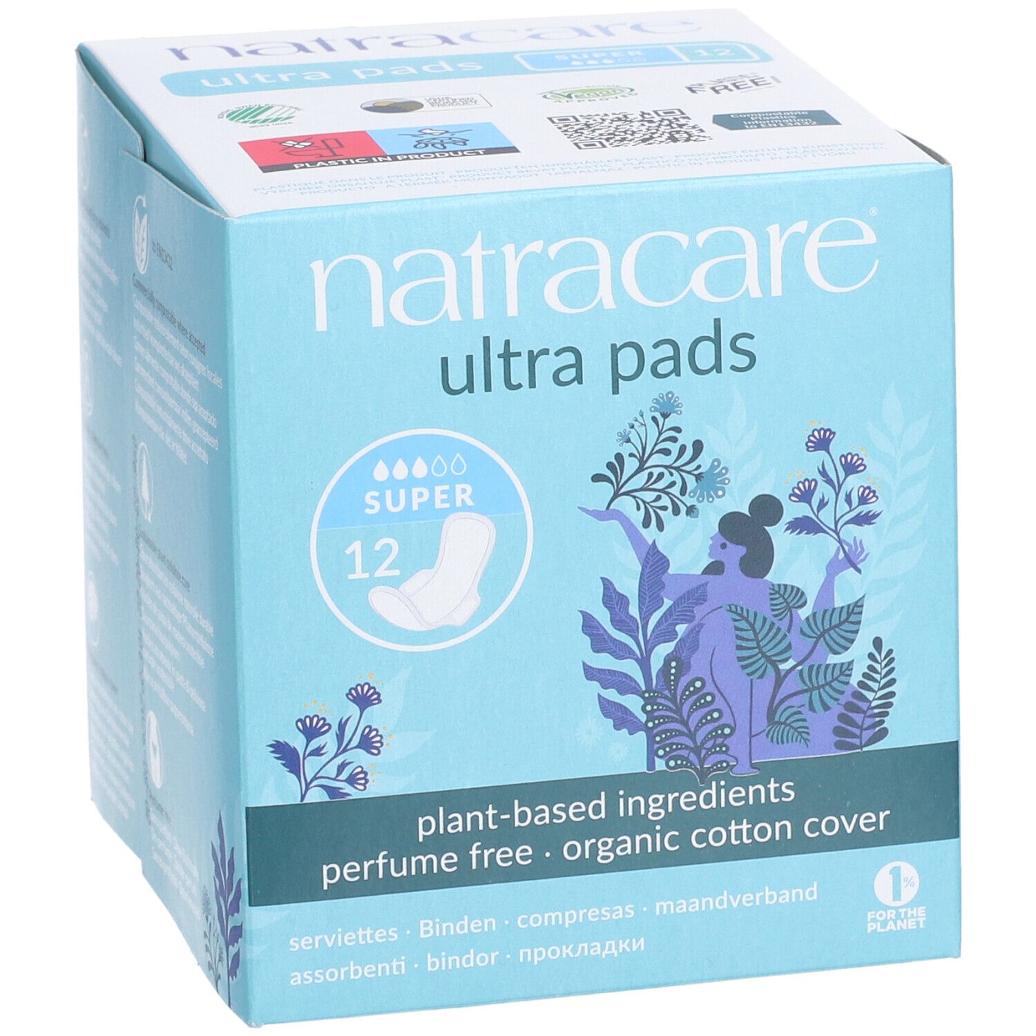 Boîte Natracare Ultra Pads Super. 12 unités. Ingrédients végétaux, sans parfum, revêtement en coton bio.