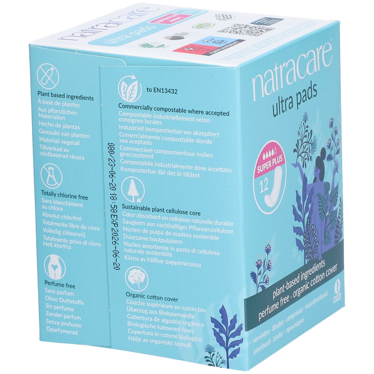 Dos de la boîte bleu clair. Texte: 'plant based ingredients', 'to EN13432', 'totally chlorine free', 'perfume free', 'organic cotton cover'.