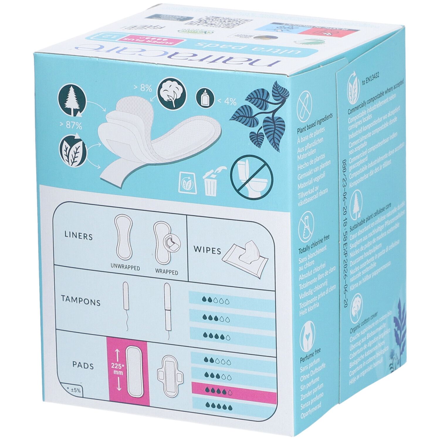 Boîte bleu clair avec illustrations de produits. Serviettes, tampons, protège-slips et lingettes. Texte: 'liners', 'wipes', 'tampons', 'pads'.
