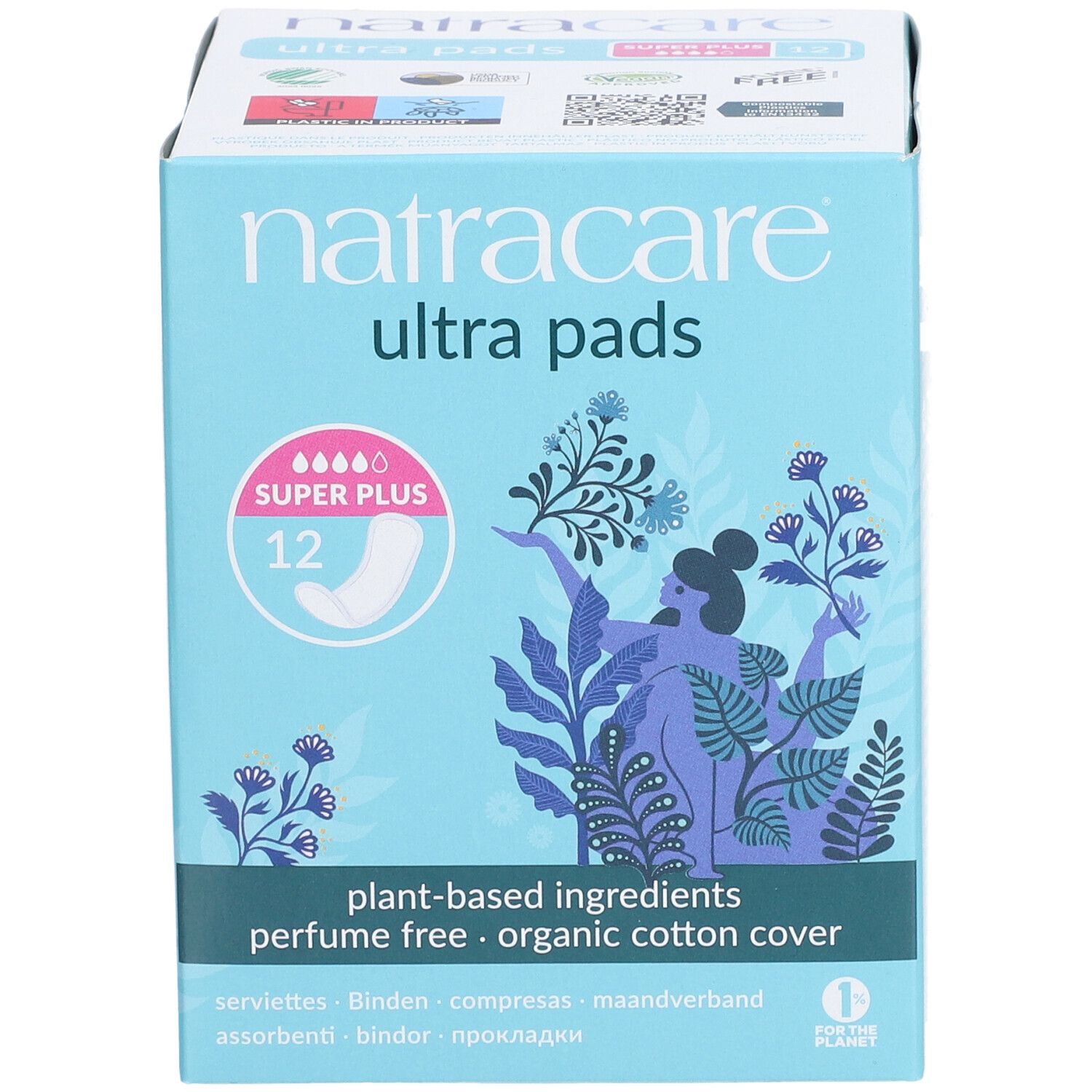 Boîte bleu clair 'natracare ultra pads'. 'Super Plus 12' et symbole de serviette. Texte: 'plant-based ingredients, perfume free, organic cotton cover'.