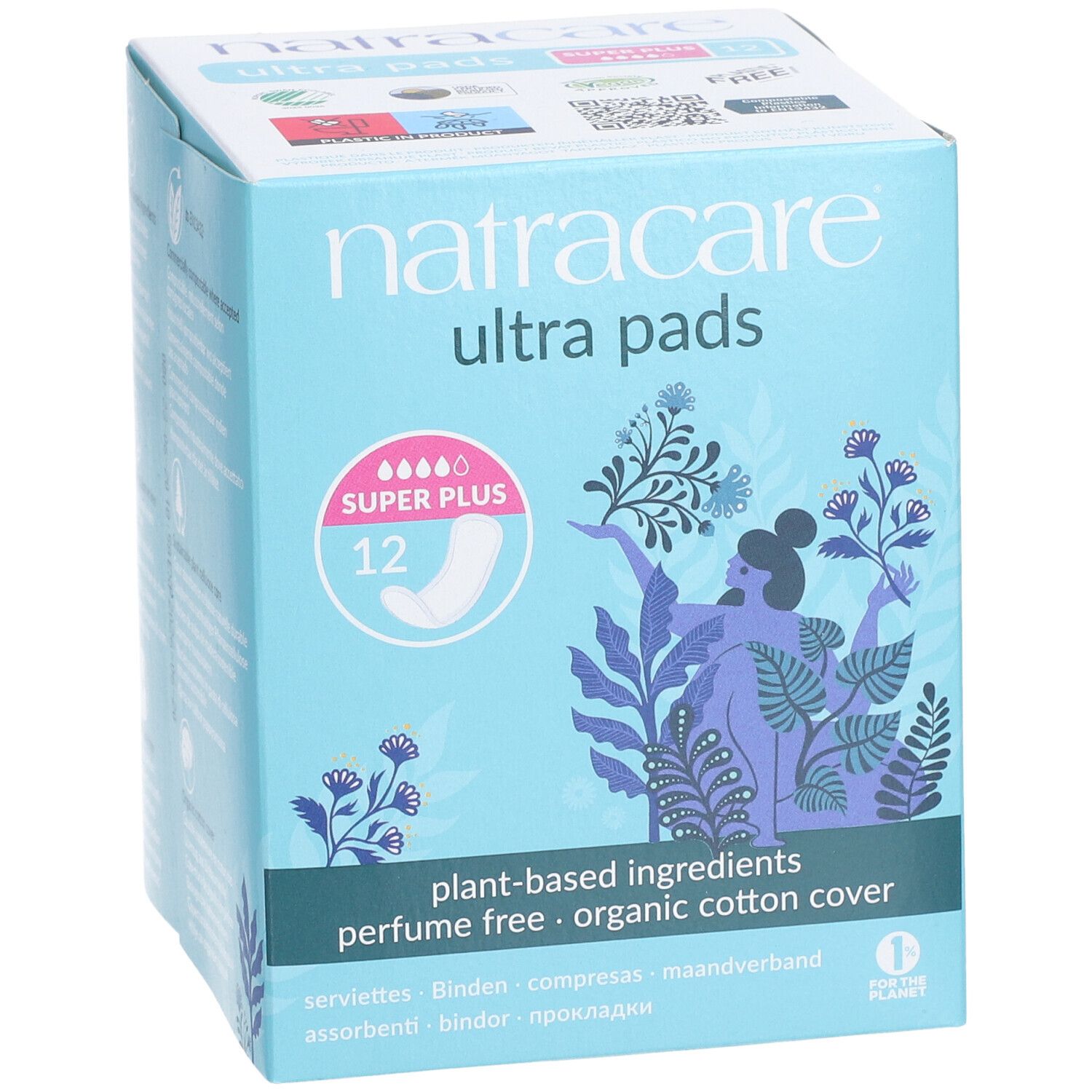 Boîte bleu clair 'natracare ultra pads'. 'Super Plus 12' et symbole de serviette. Texte: 'plant-based ingredients, perfume free, organic cotton cover'.