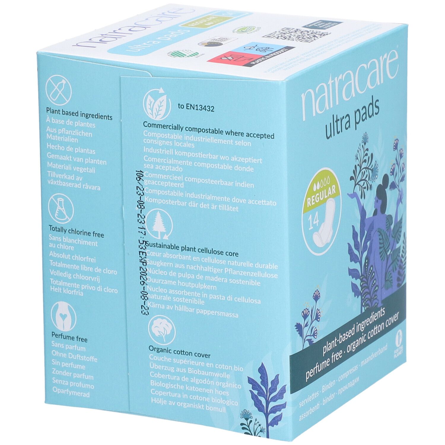 Hellblaue Schachtel mit Natracare Ultra Pads. Text: kompostierbar, nachhaltige Zellulose, ohne Chlor, ohne Parfüm, Bio-Baumwolle.
