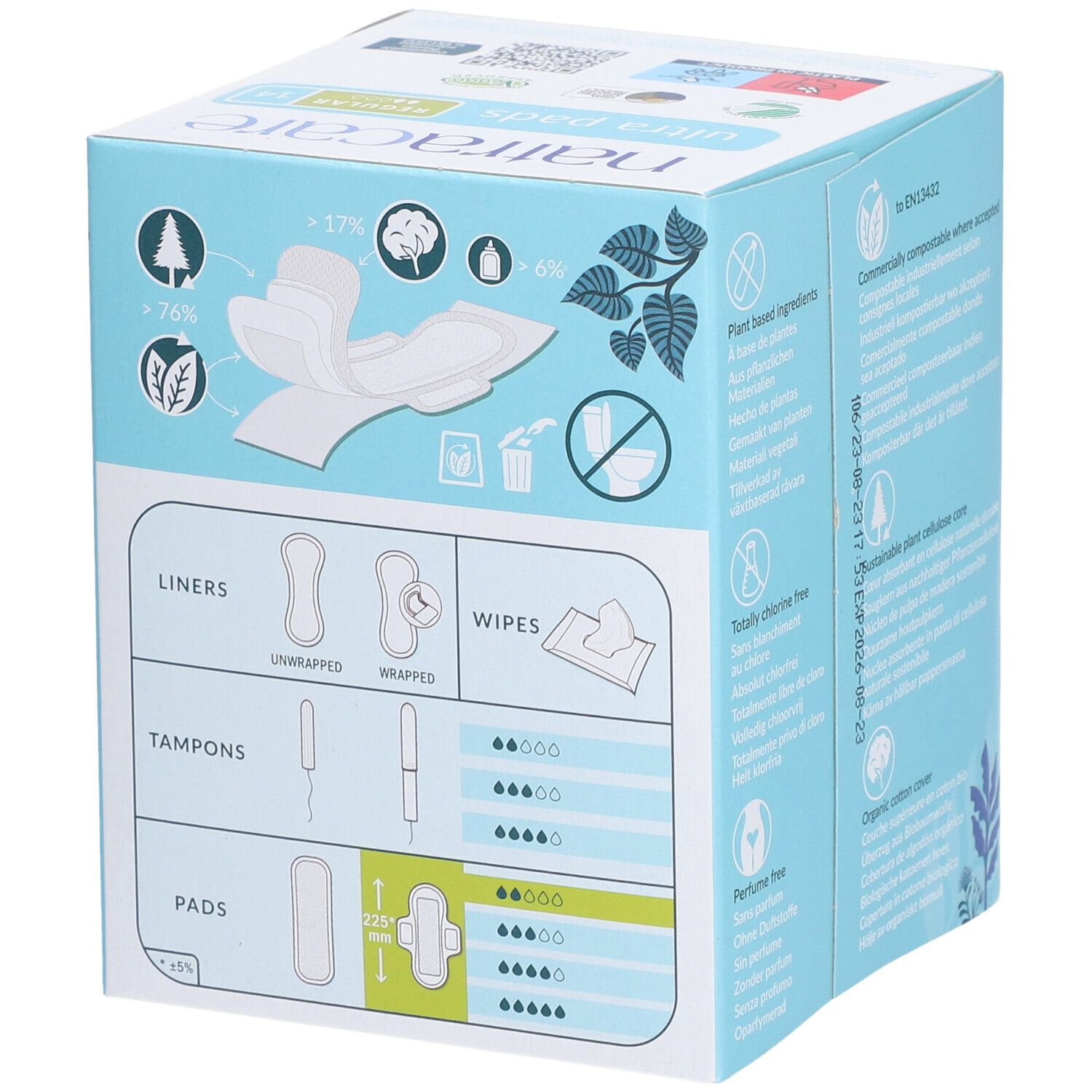 Hellblaue Schachtel mit Natracare Ultra Pads. Diagramme zeigen verschiedene Produkte: Slipeinlagen, Tampons, Binden und Tücher.