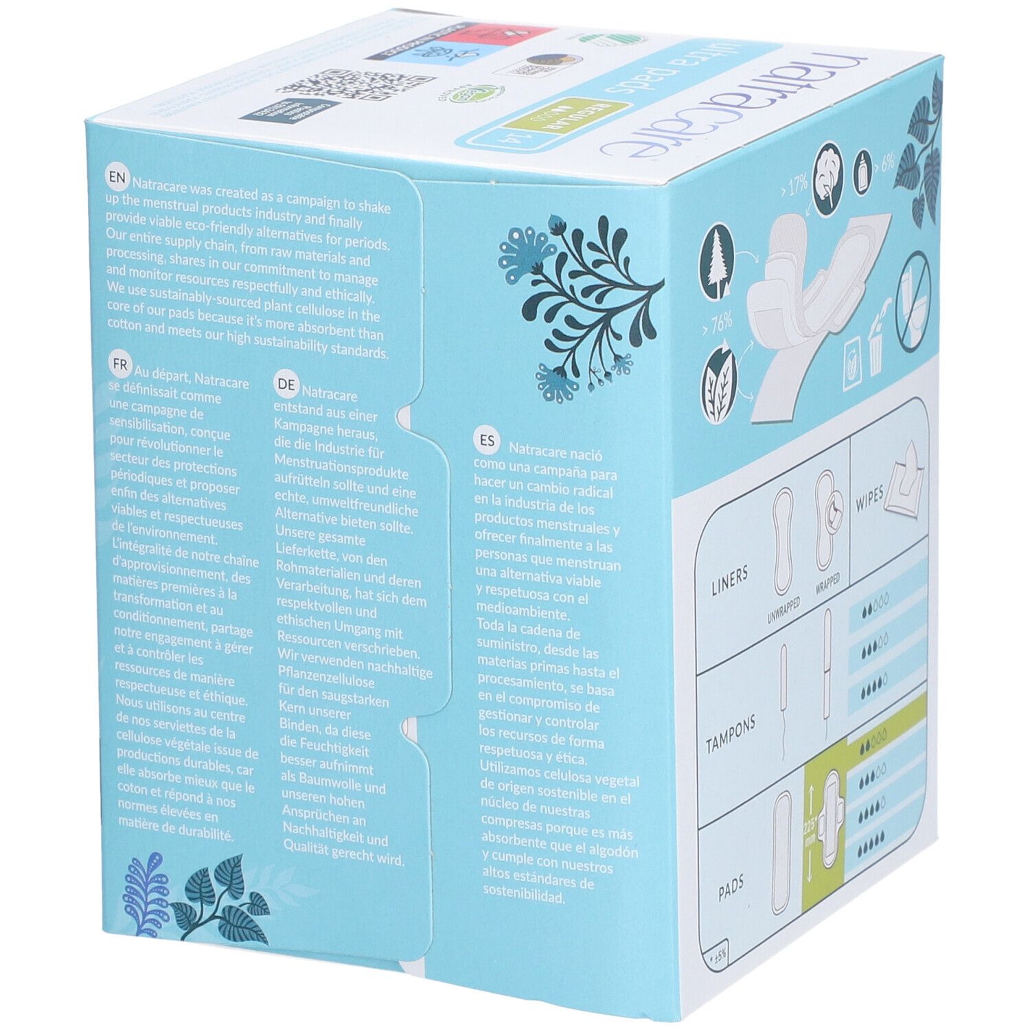 Hellblaue Schachtel mit Natracare Ultra Pads. Text: Natracare engagiert sich für nachhaltige Produkte. Diagramme zeigen verschiedene Produkte.
