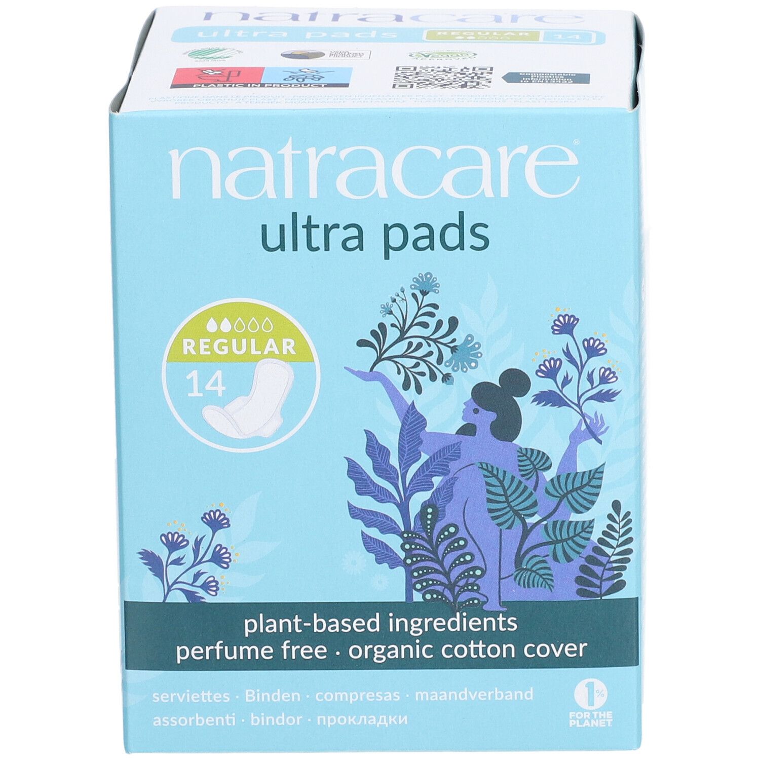 Hellblaue Schachtel mit Natracare Ultra Pads. Aufschrift: plant-based ingredients, perfume free, organic cotton cover. 14 Stück.