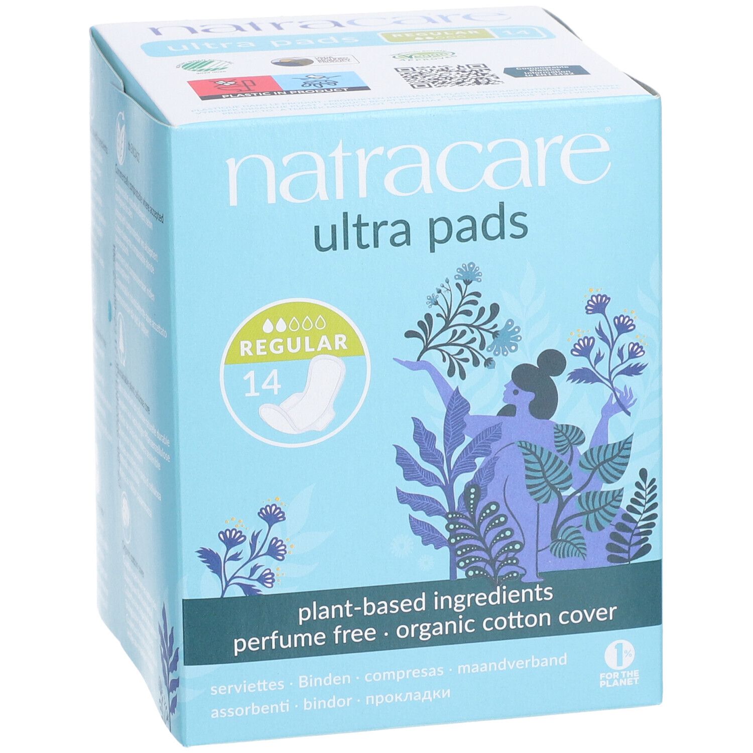 Hellblaue Schachtel mit Natracare Ultra Pads. Aufschrift: plant-based ingredients, perfume free, organic cotton cover. 14 Stück.