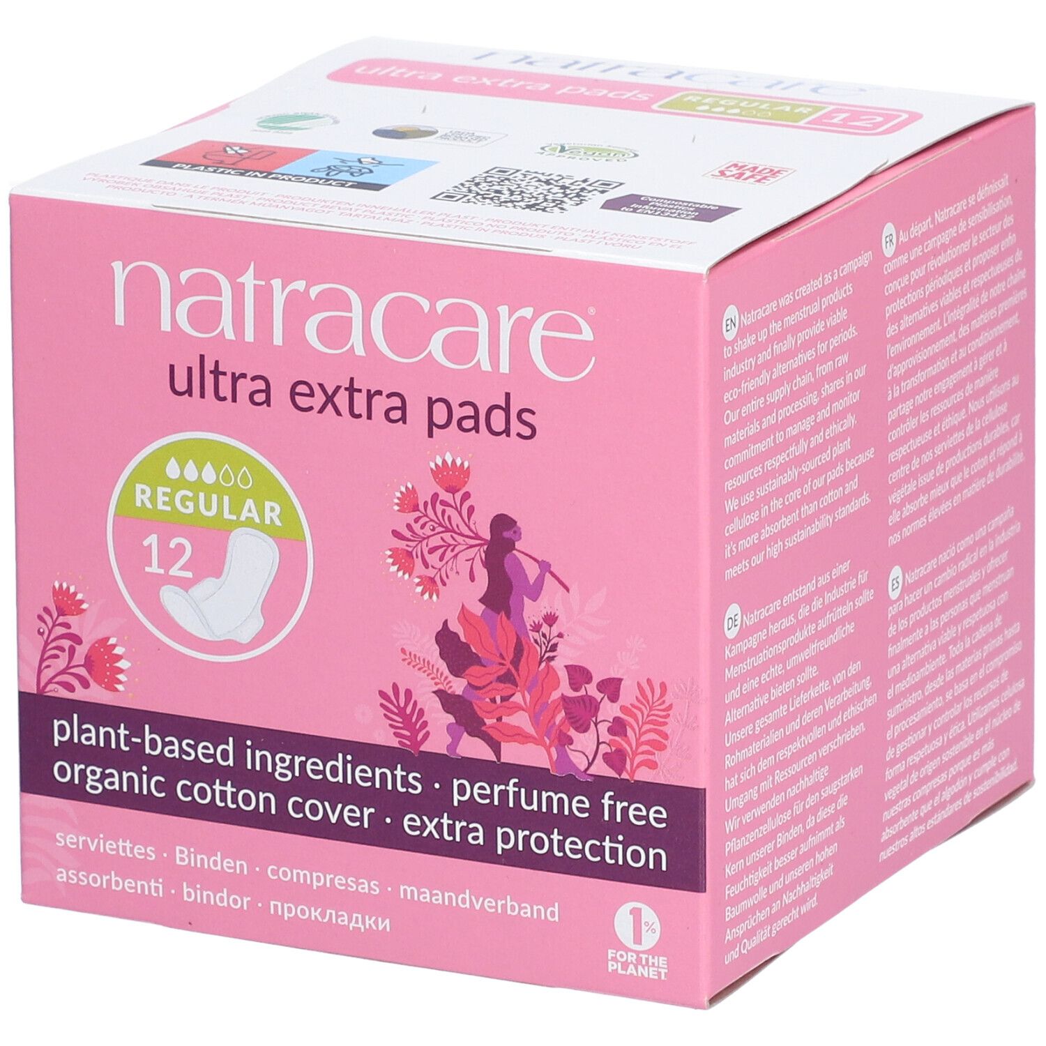 Boîte rose Natracare Ultra Extra Pads. 12 serviettes. Ingrédients végétaux, sans parfum, coton bio, protection extra. Serviettes avec ailettes.