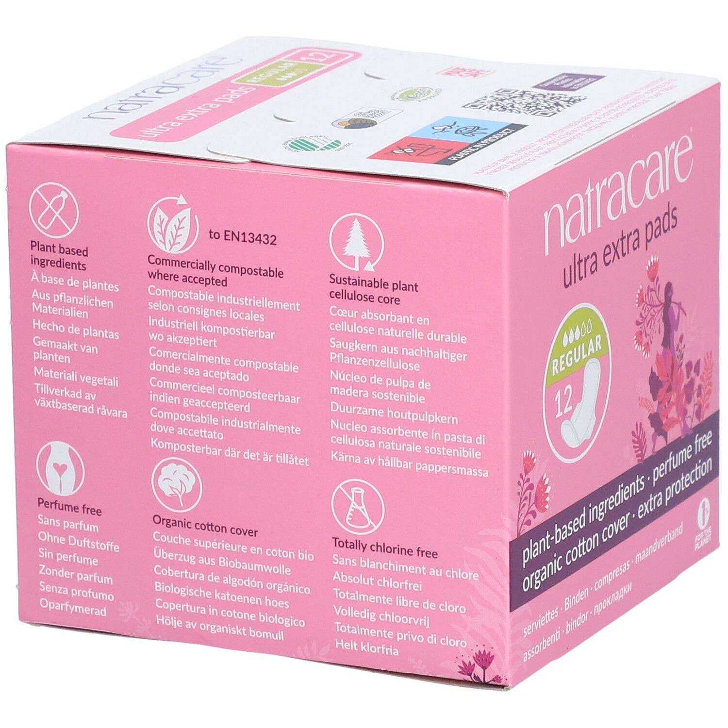 Boîte rose Natracare Ultra Extra Pads. Ingrédients végétaux, sans parfum, coton bio, protection extra. Certifications et pictogrammes.