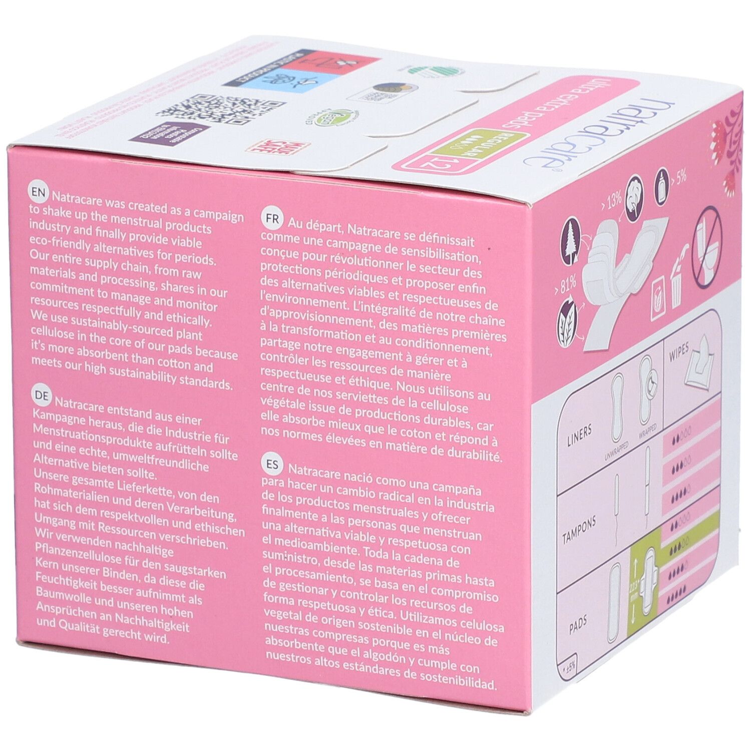 Boîte rose Natracare Ultra Extra Pads. Texte sur la marque et la durabilité. Illustrations des produits.