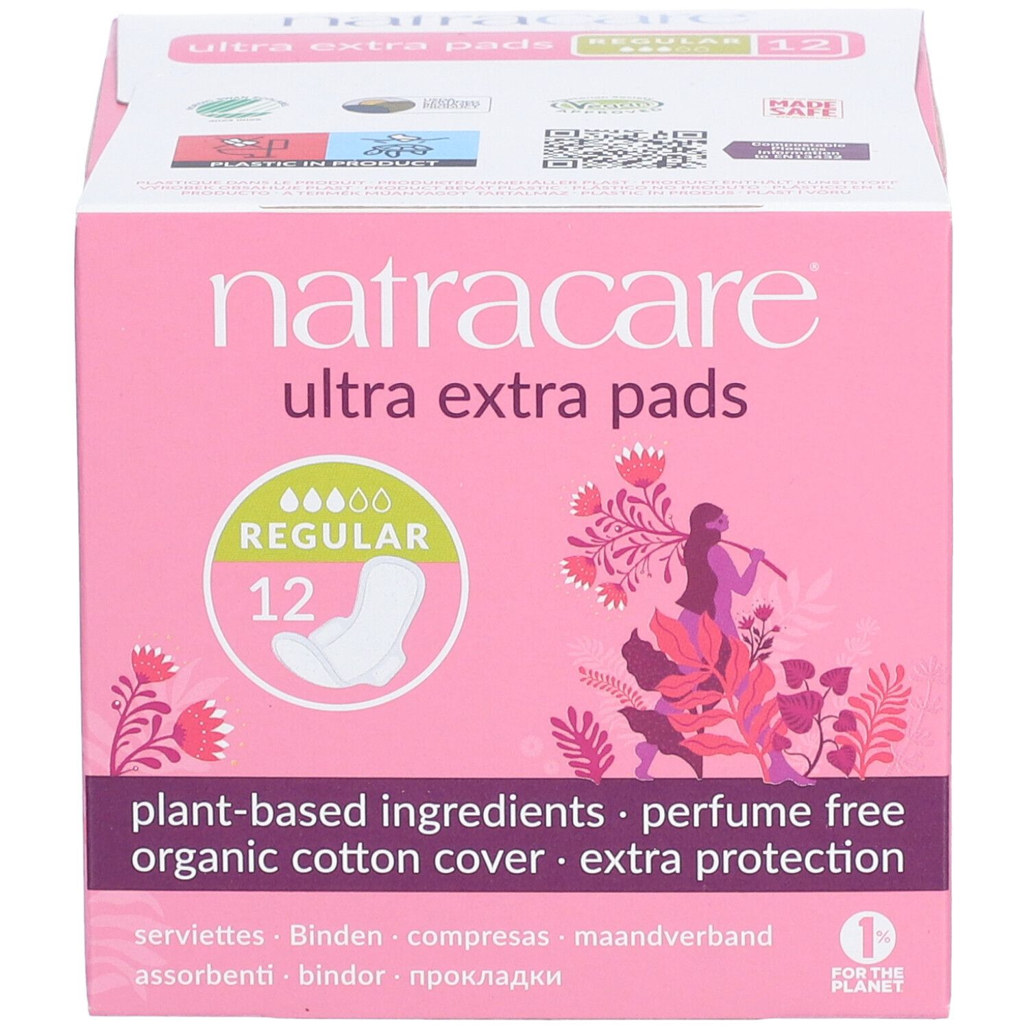 Boîte rose Natracare Ultra Extra Pads. 12 serviettes. Ingrédients végétaux, sans parfum, coton bio, protection extra. Serviettes avec ailettes.