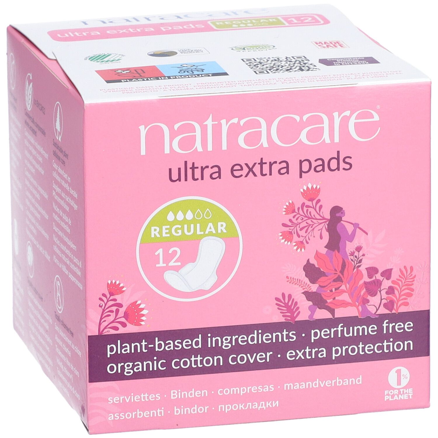 Boîte rose Natracare Ultra Extra Pads. 12 serviettes. Ingrédients végétaux, sans parfum, coton bio, protection extra. Serviettes avec ailettes.
