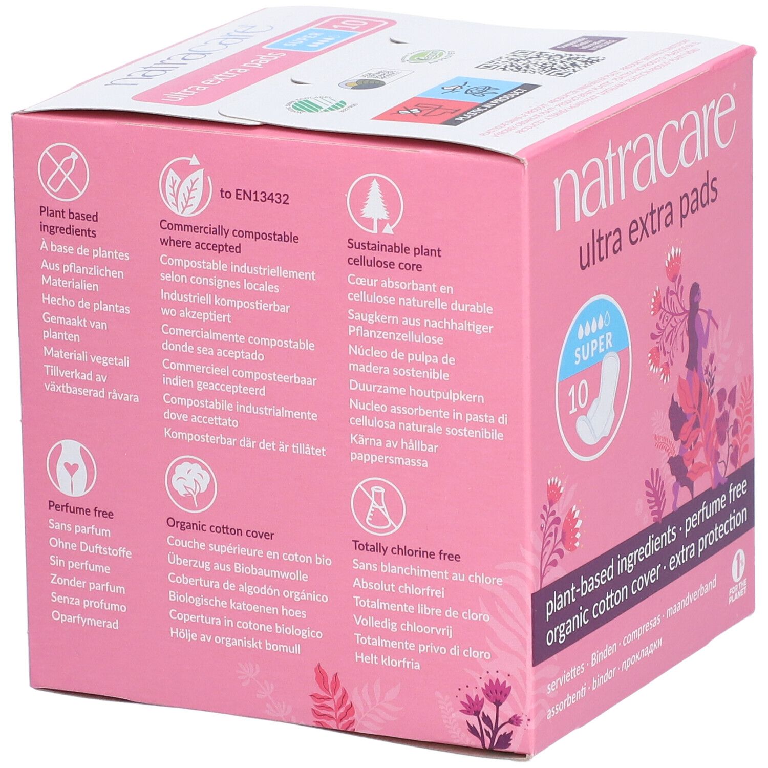 Dos de la boîte rose Natracare Ultra Extra Pads. Texte : compostable, cœur en cellulose durable, sans blanchiment au chlore, coton bio, sans parfum.