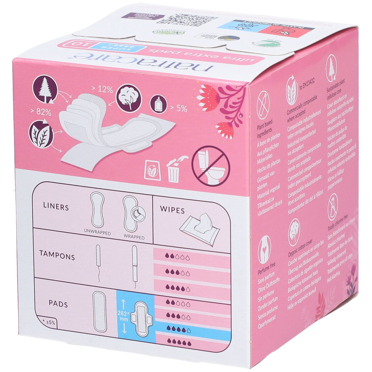 Boîte rose Natracare Ultra Extra Pads. Diagrammes montrant différents types de produits d'hygiène : protège-slips, tampons et serviettes.