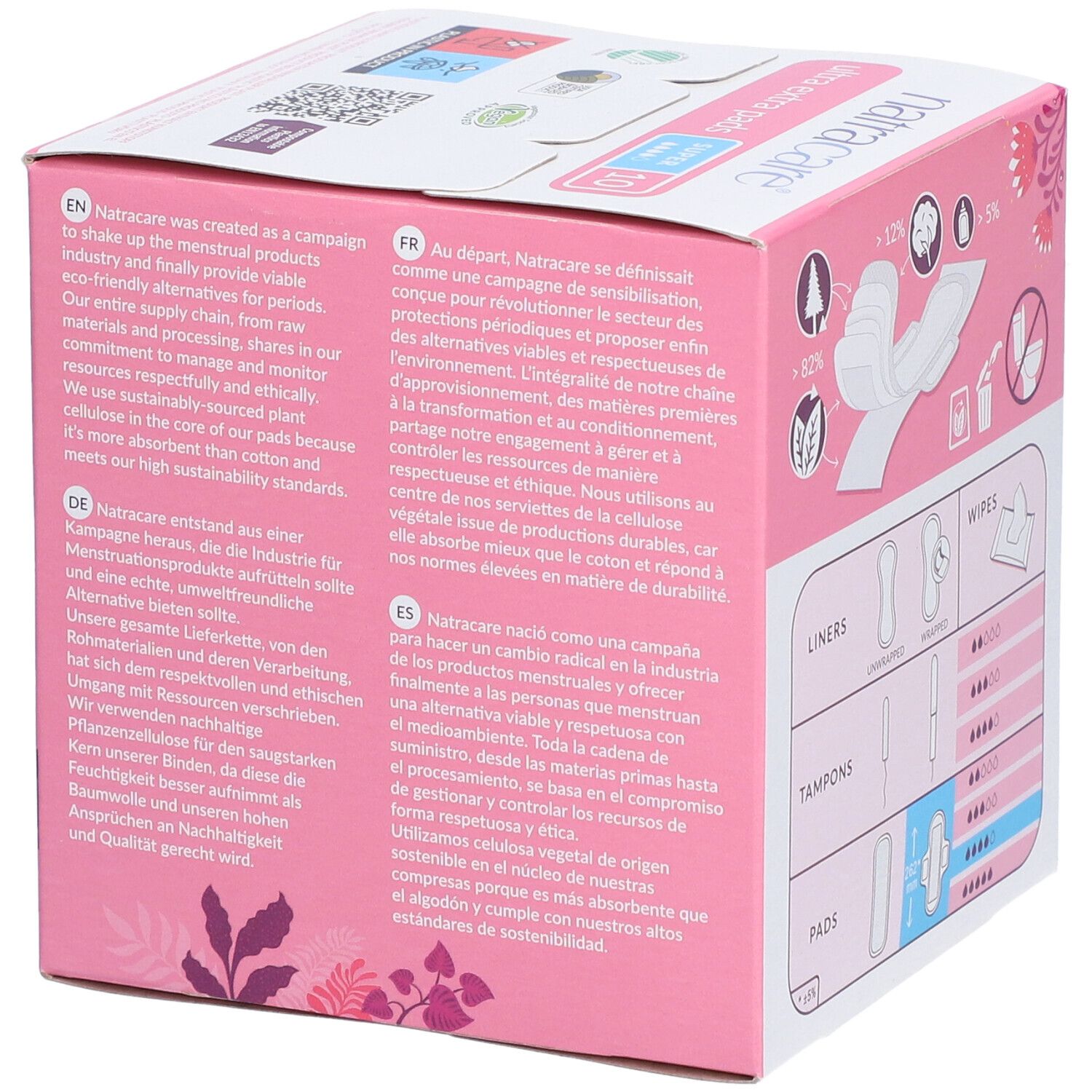 Boîte rose avec texte sur Natracare et durabilité. Diagrammes montrant différents types de produits d'hygiène : protège-slips, tampons et serviettes.